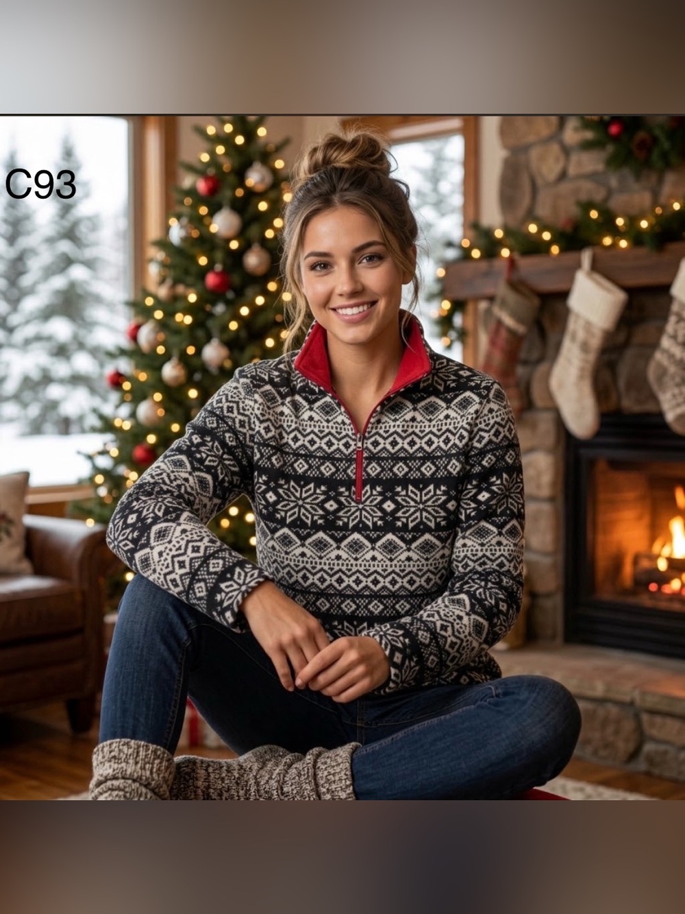 Lands' End Fair Isle Half-Zip Utility Jacket - Black, Cream & Red Trim,Size